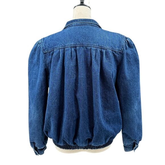 Vintage 80's Dawn Dark Wash Denim Flannel Lined Pleated Boxy Puff Jean Jacket - Picture 3 of 16